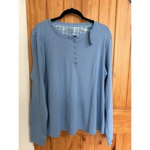 LL Bean Pajama Top Women 1X Plus Soft Blue Henley Plaid Regular Fit